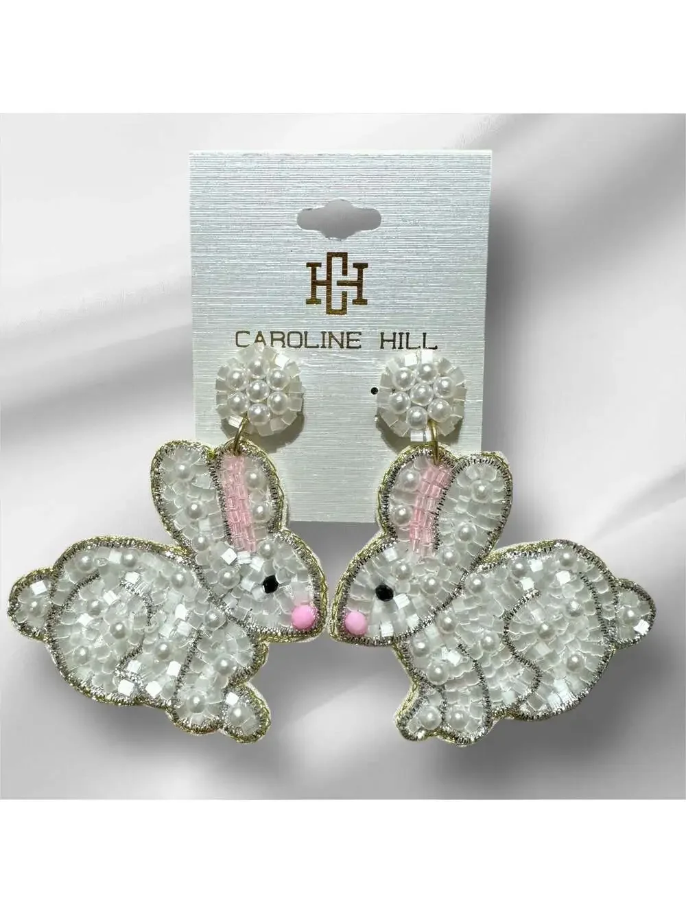 Caroline Hill Bunny Rhinestone Statement Earrings Easter Rabbit White